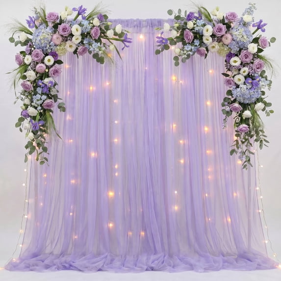 Cymbex Tulle Backdrop Curtain with Lights String 10 ft x 10 ft Lavender ...