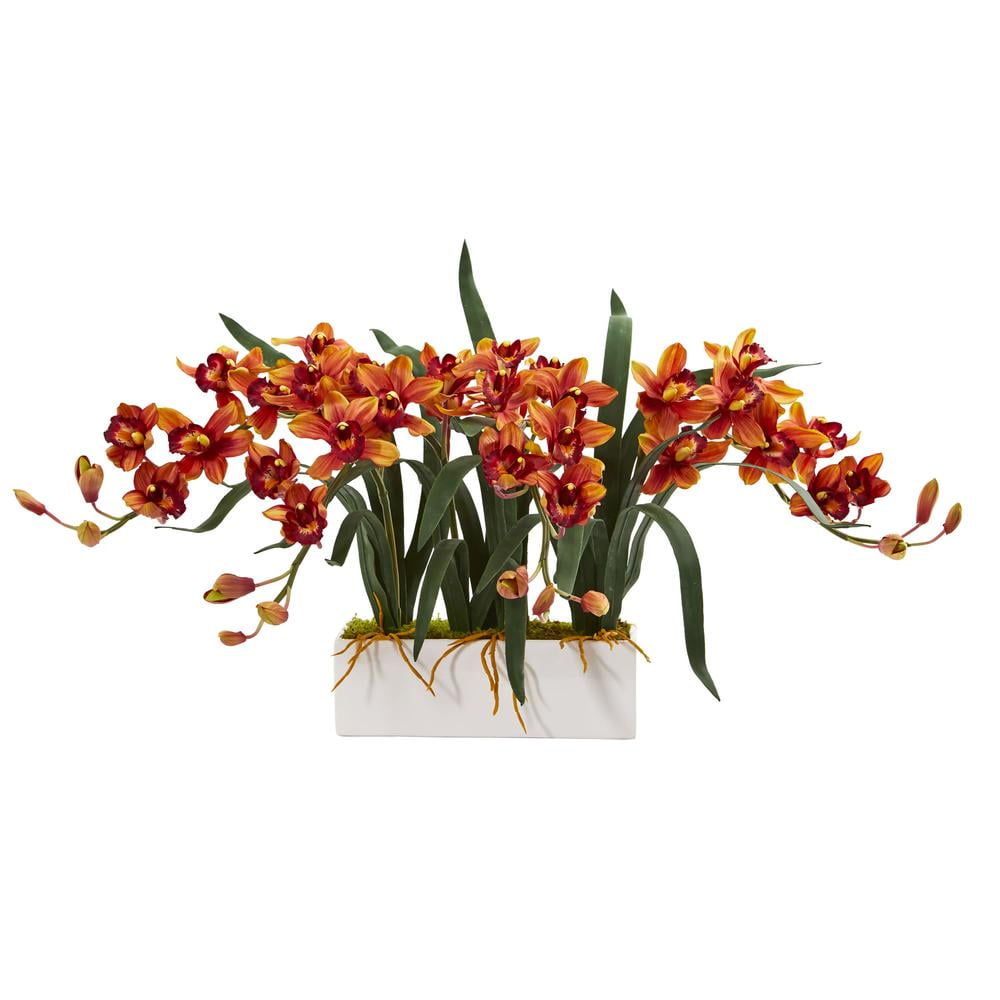 Elegant Cymbidium Orchid Faux Floral Arrangement in Rectangular White Vase