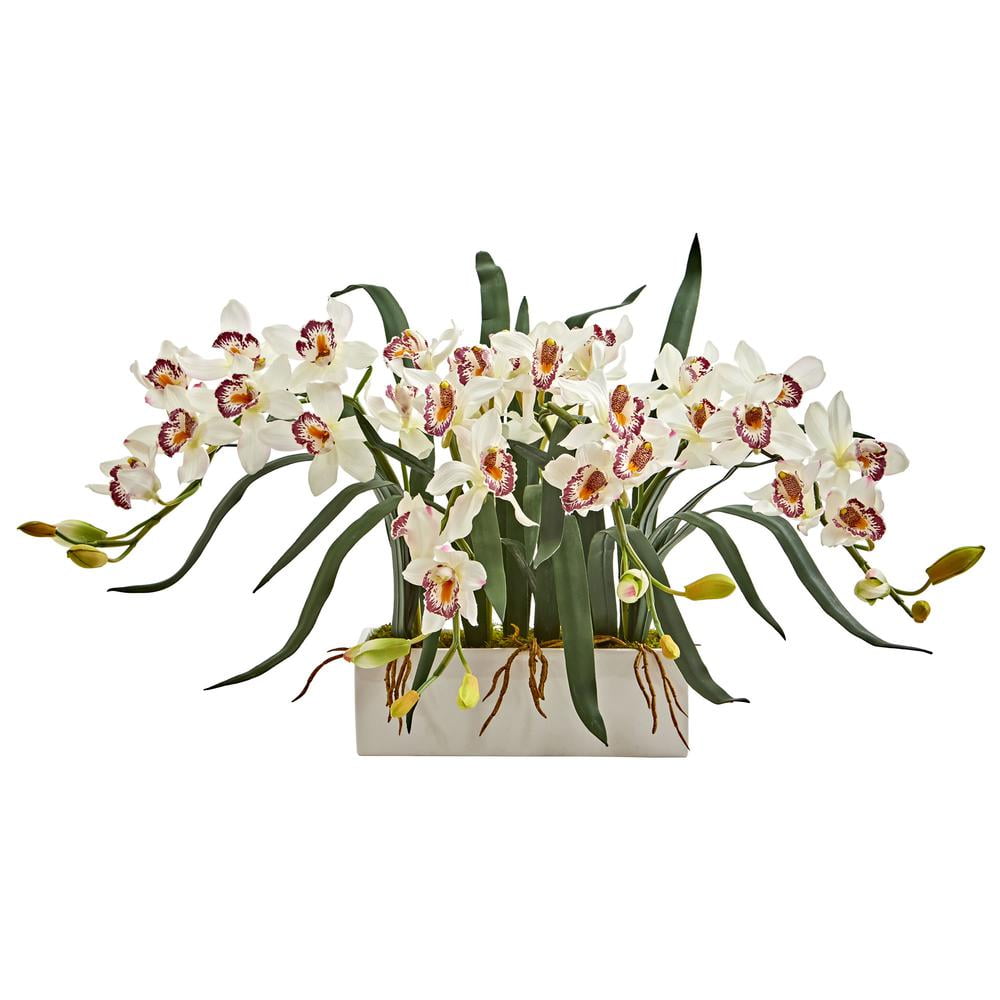 Cymbidium Orchid Artificial Arrangement in White Vase