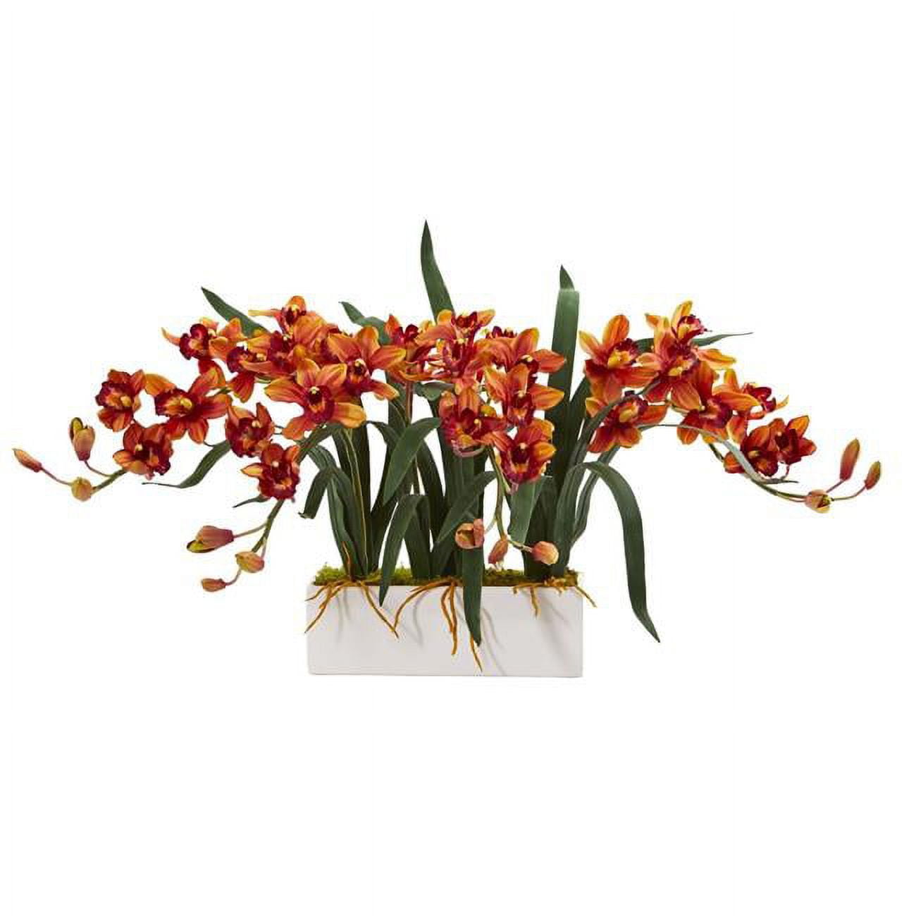 Elegant Cymbidium Orchid Faux Floral Arrangement in Rectangular White Vase