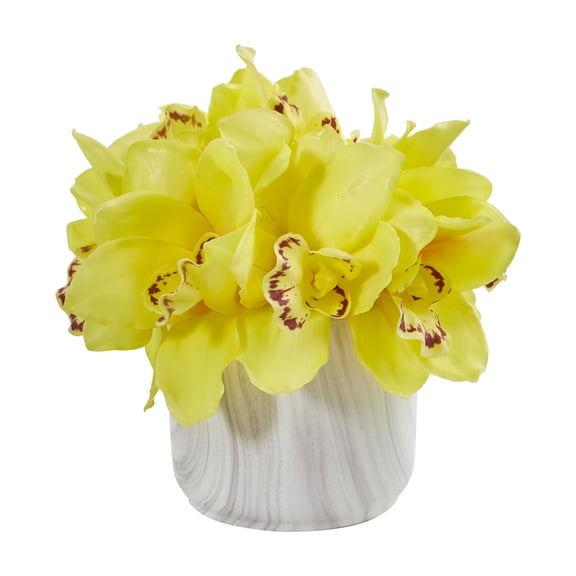 Cymbidium Orchid Artificial Arrangement in Marble Vase