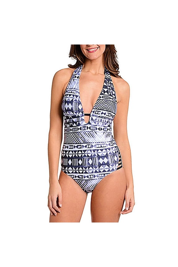 Black Geometric Keyhole Halter One-Piece Swimsuit Women's Small