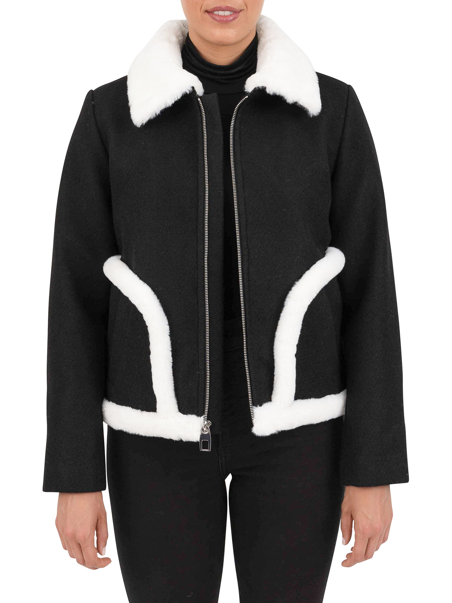 Faux Shearling-detail Jacket - Black/white - Ladies