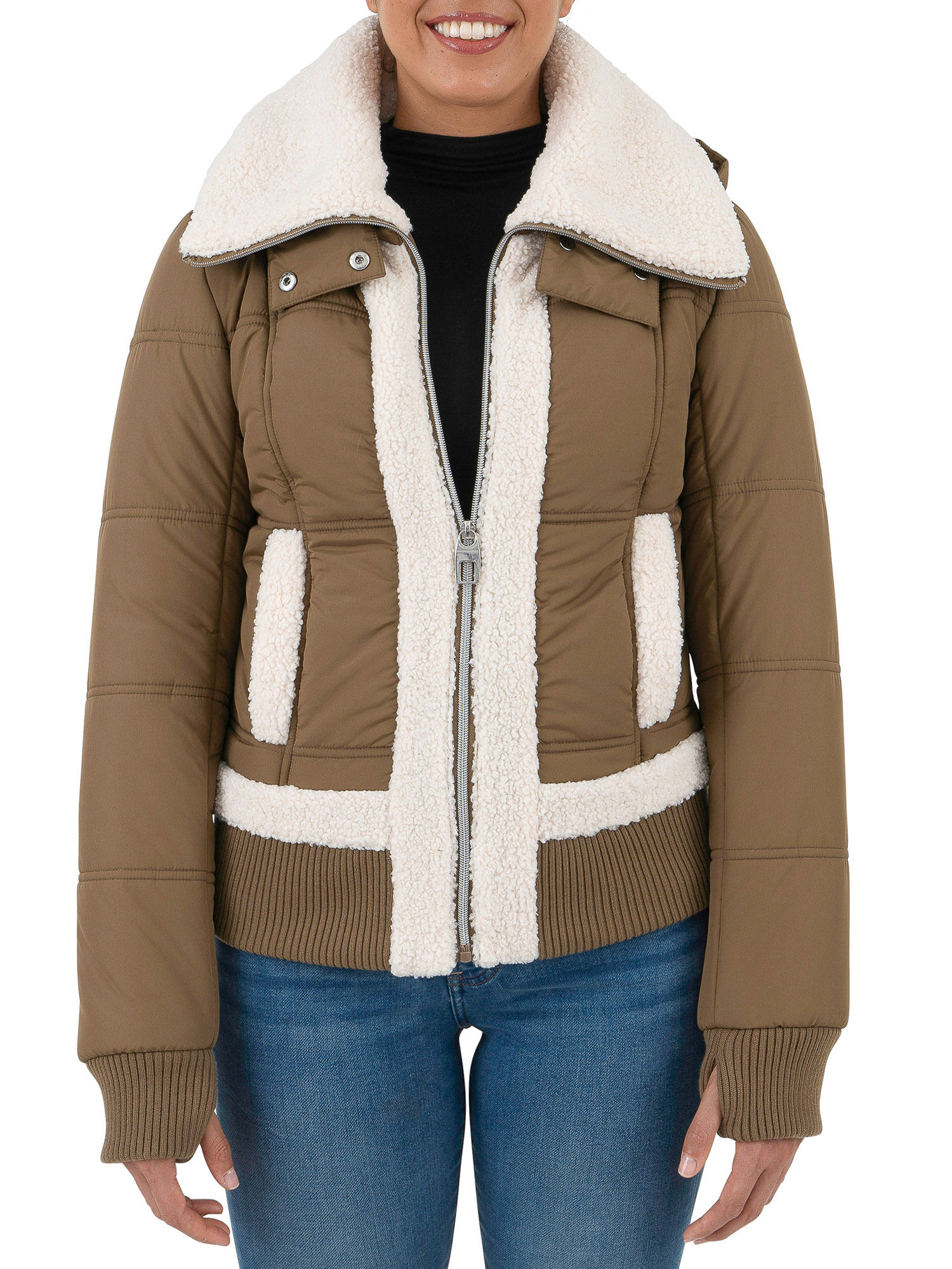 Cyn & Luca Women's Sustainable Bomber Jacket with Sherpa Trim - image 1 of 6