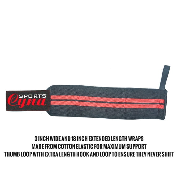 CynaSports Wrist Wraps Heavy Duty Elastic Adjustable Non Slip Wrist Support-Weight Lifting-Hand Grip-Men & Women-18" L and 3" W (with Red Linings)