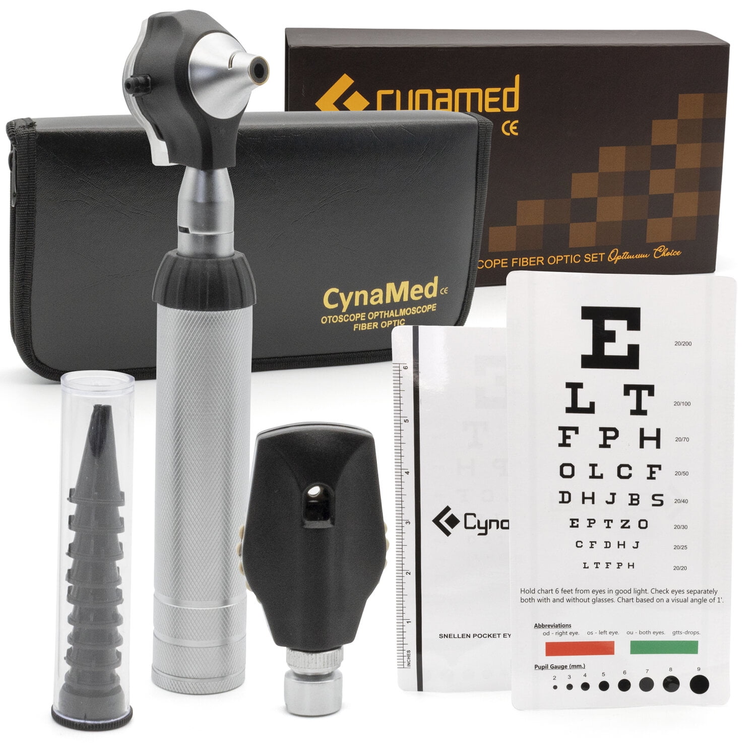 Cynamed 2-in-1 Ear Scope Set - Portable Fiber Optic Otoscope & Head Lens with Wheel for Students - Eye, Nose & Ear Diagnostic Kit - Examination Training Accessories with Instructions, Snellen Chart
