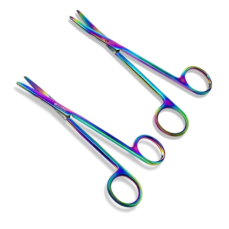 Cynamed Metzenbaum Set of 2 Scissors with Multicolor/Rainbow Titanium Coating - Long, Slim (5.75 in. - Straight and Curved)