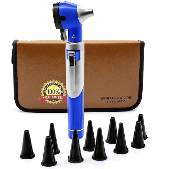 Cynamed Mini Otoscope - Portable Ear Light and Exam Kit for Home and Professional Use - 4X Magnifying Fiber Optic Scope with Spare Tips, Bulb, and Carrying Case - Pocket Diagnostic Equipment (Blue)