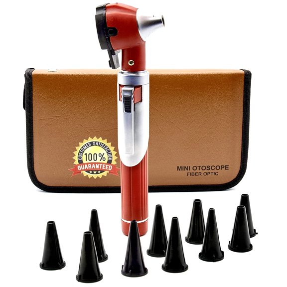 Cynamed Mini Otoscope - Portable Ear Light and Exam Kit for Home and Professional Use - 4X Magnifying Fiber Optic Scope with Spare Tips, Bulb, and Carrying Case - Pocket Diagnostic Equipment (Red)
