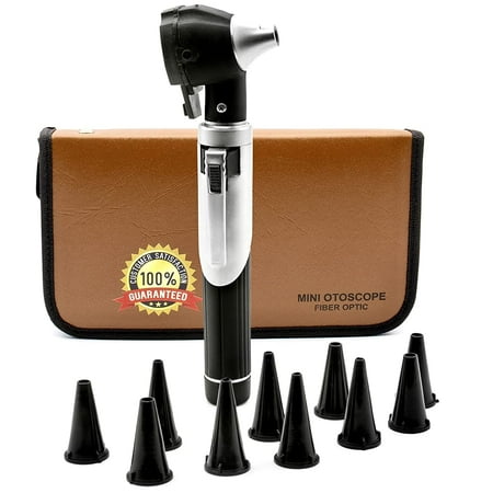 Cynamed Mini Otoscope - Portable Ear Light and Exam Kit for Home and Professional Use - 4X Magnifying Fiber Optic Scope with Spare Tips, Bulb, and Carrying Case - Pocket Diagnostic Equipment (Black)