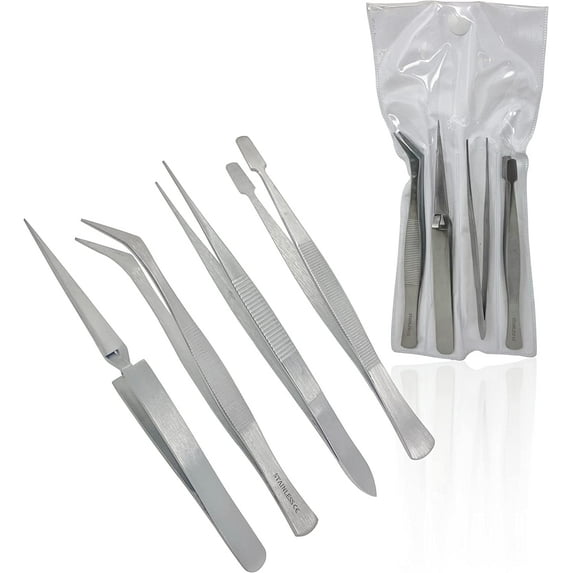 Cynamed Precision Hobby Tweezers Tool Set, Stainless Steel Long Tweezers Kit Curved Tweezers for Electronics, Laboratory Work, Diamond Handling, Jewelry-Making, Craft, Soldering (Hobby Tweezers 4-Set)