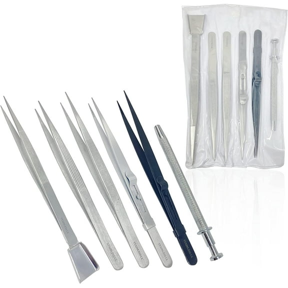 Cynamed Precision Hobby Tweezers Tool Set, Stainless Steel Long Tweezers Kit Curved Tweezers for Electronics, Laboratory Work, Diamond Handling, Jewelry-Making, Craft, Soldering ( Tweezers Tool 6-Set)