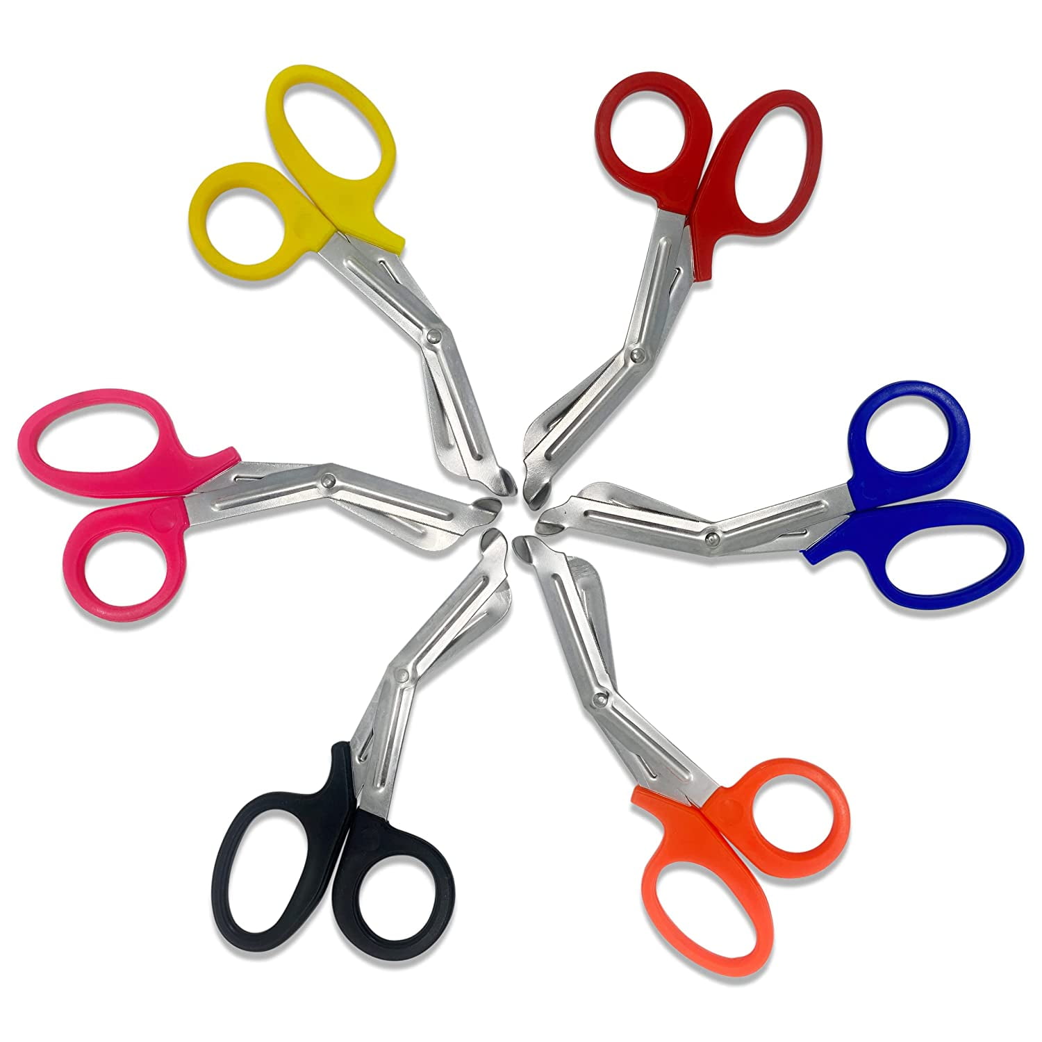 Cynamed Set of 6 Assorted Handle Trauma Shears 7.25" Stainless Steel Scissors for Paramedics, EMT, Nurses, Firefighters + More (Multi Color)