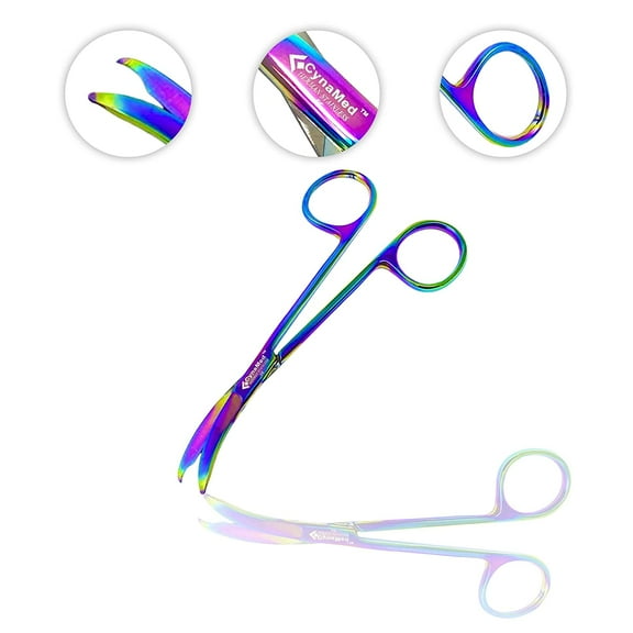 Cynamed Suture Stitch Scissors with Multicolor/Rainbow Titanium Coating - For Delicate Suture Removal (4.5 in. - Curved)