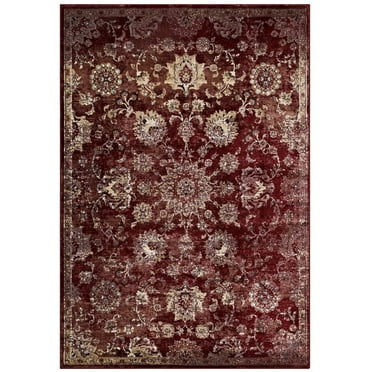 Cynara Distressed Floral Vintage Medallion 5x8 Area Rug in Burgundy and Beige