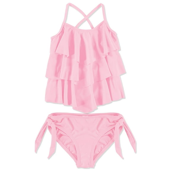 Cyndeelee Girls 4-14 Solid Tiered Tankini Swim Set