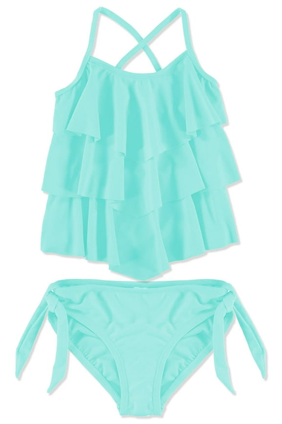 Girls 4-14 Solid Tiered Tankini Swim Set