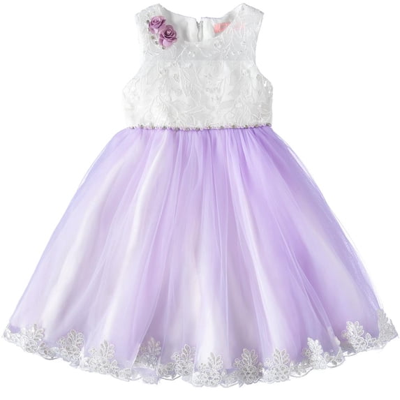 Cyndeelee Girls 4-16 Sleeveless Embroidered Floral Pearl Accent Party Dress Wedding Flower Girl Dress, Lavender, 4