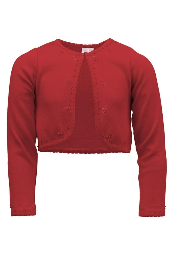 Girls Long Sleeve Beaded Sequin Scallop Trim Bolero Cotton Shrug Cardigan (Red, 12/14)