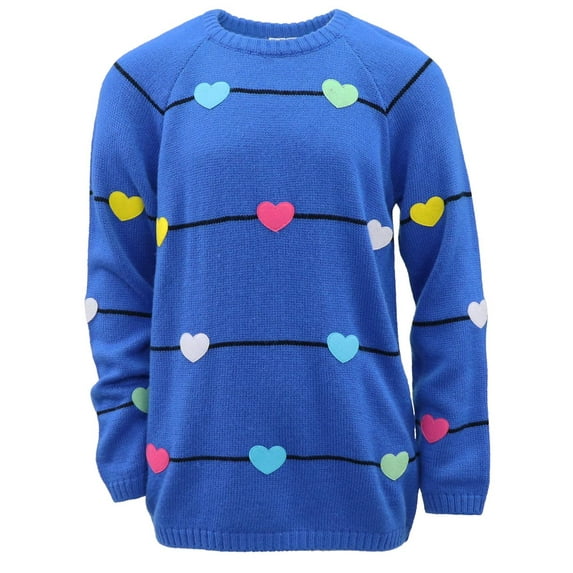 Cyndeelee Girls Long Sleeve Knit Pullover Christmas Sweater Crewneck Holiday Sweater Shirt (Blue with Multi Hearts, 3T)