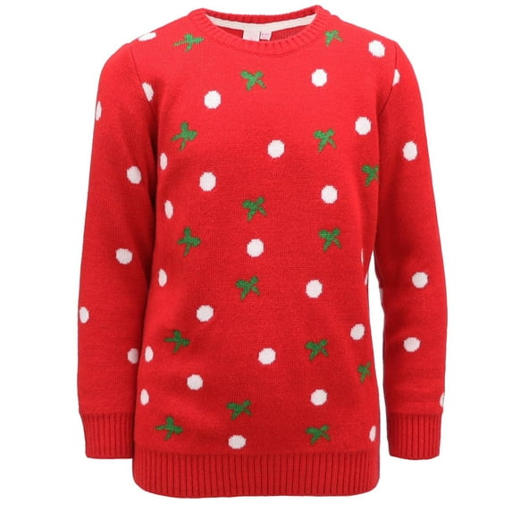 Cyndeelee Girls Long Sleeve Knit Pullover Christmas Sweater Crewneck Holiday Sweater Shirt (Red Polka Dot/Bow, 8/10)