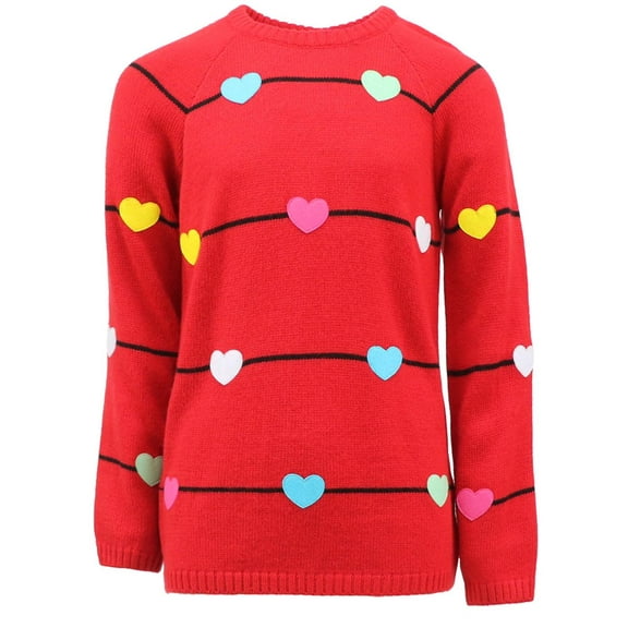 Cyndeelee Girls Long Sleeve Knit Pullover Christmas Sweater Crewneck Holiday Sweater Shirt (Red with Multi Hearts, 6X)
