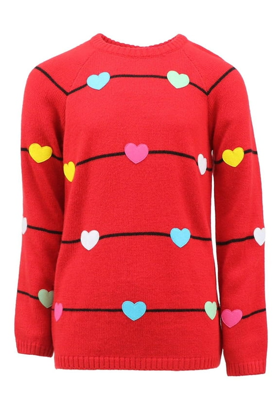 Girls Long Sleeve Knit Pullover Christmas Sweater Crewneck Holiday Sweater Shirt (Red with Multi Hearts, 6X)