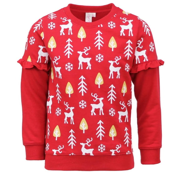Cyndeelee Girls Long Sleeve Pullover Christmas Sweater Crewneck Holiday Sweater Shirt (Red Reindeer, 5/6)