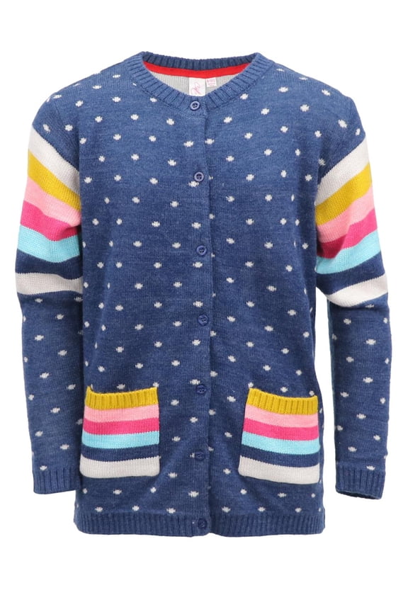 Girls Long Sleeve Stripe Knit Button Up Crewneck Cardigan Sweater (Navy Dots/Stripes, 7)