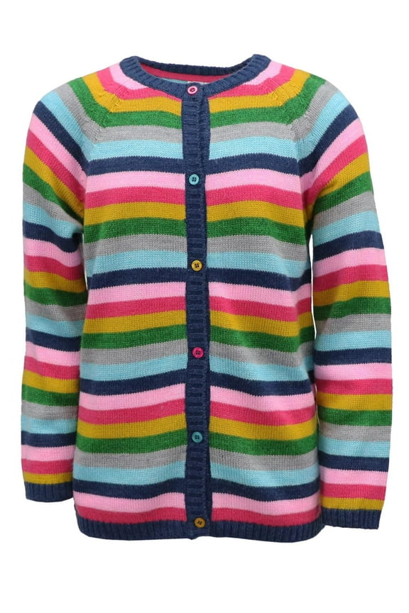Girls Long Sleeve Stripe Knit Button Up Crewneck Cardigan Sweater (Navy Stripe, 7)