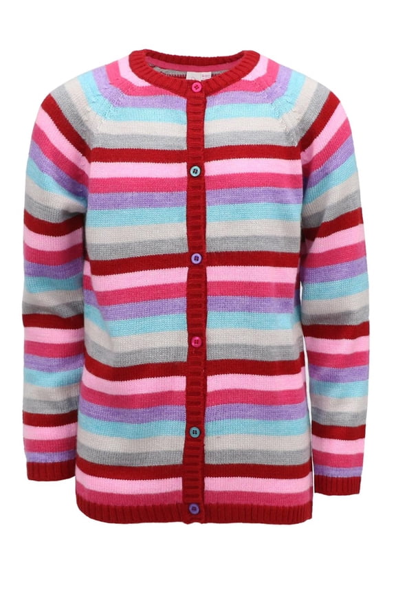 Girls Long Sleeve Stripe Knit Button Up Crewneck Cardigan Sweater (Red Stripe, 16)