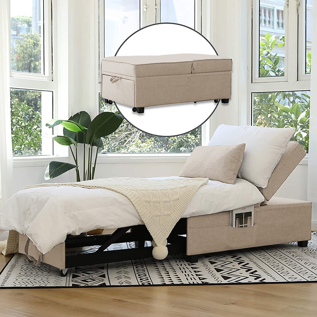 Cynefin Sleeper Accent Chair, 4-in-1 Convertible Ottoman Bed, Linen ...