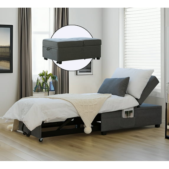 Cynefin Sleeper chair - ottoman bed, chair beds sleeper, 4 in 1 convertible chairs into beds with Lumbar Pillow 3 Side Pockets Linen Fabric Tufted for Living Room Grey