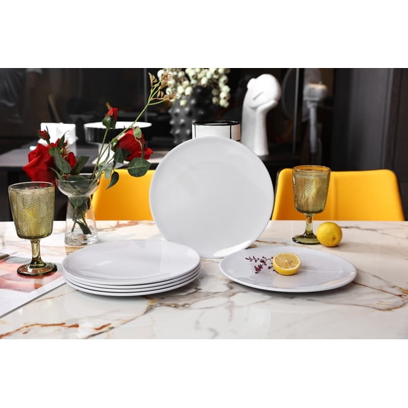 Cynnix 10-inch Melamine Dinner Plates, Set of 6, Modern Rimless White Flat Plates, Shatterproof & Lightweight, Space-Saving Minimalist Design