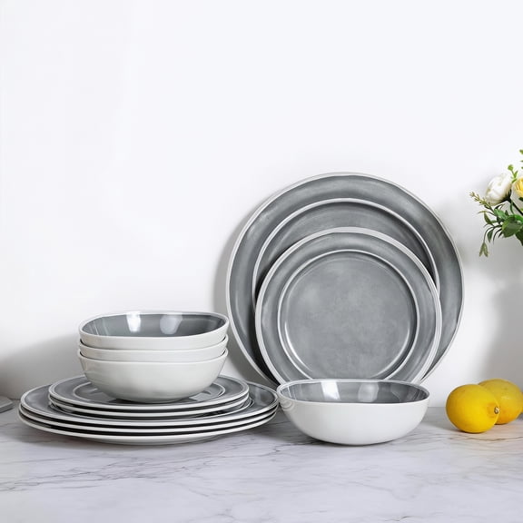 Cynnix 12-Piece Melamine Dinnerware Set, Grey with Curved Rim, Includes 11" Plates, 8.5" Salad Plates, and 22oz Bowls, Service for 4