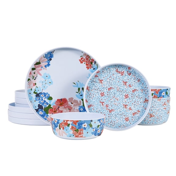 Cynnix 12-Piece Melamine Dinnerware Set, Vibrant Spring Floral Pattern, Includes 10" Dinner Plates, 8.25" Salad Plates, and 6.25" Deep Bowls, Service for 4