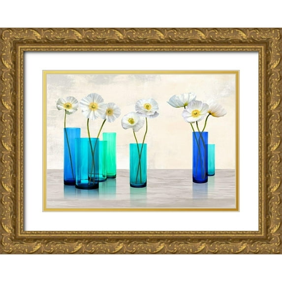 Cynthia, Ann 24x18 Gold Ornate Wood Framed with Double Matting Museum Art Print Titled - Poppies in crystal vases (Aqua palette)