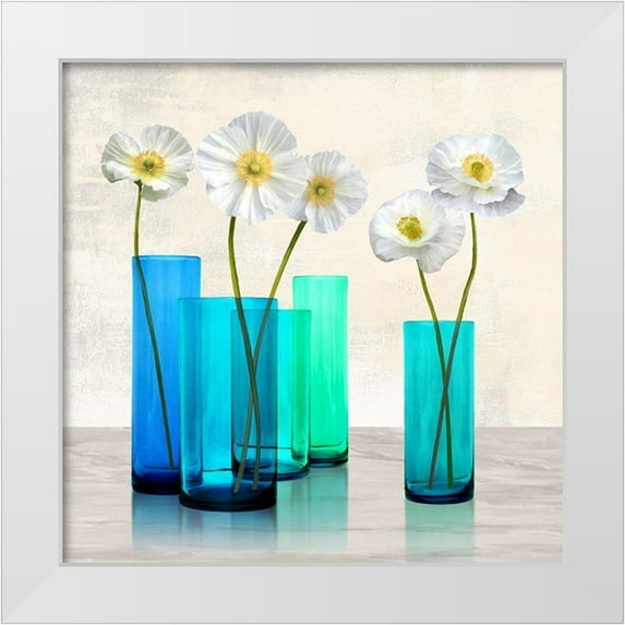 Cynthia, Ann 26x26 White Modern Wood Framed Museum Art Print Titled - Poppies in crystal vases (Aqua I)