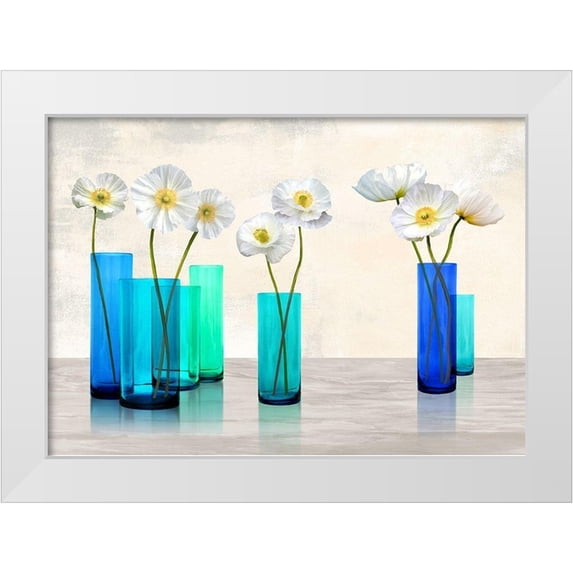 Cynthia, Ann 32x24 White Modern Wood Framed Museum Art Print Titled - Poppies in crystal vases (Aqua palette)