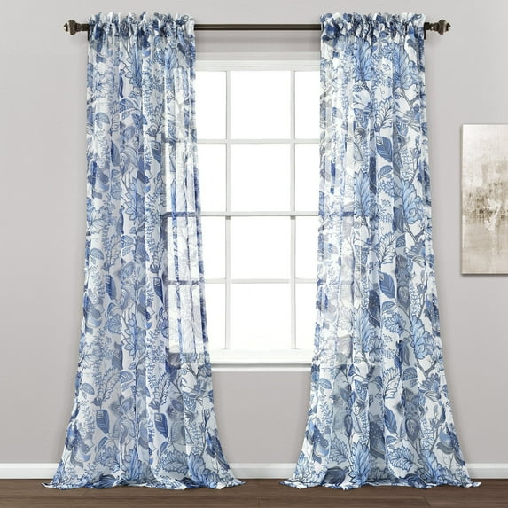 Lush Decor Light Filtering Panel Set, Blue Jacobean Sheer Window Curtain Panels, 52X84+2 Set