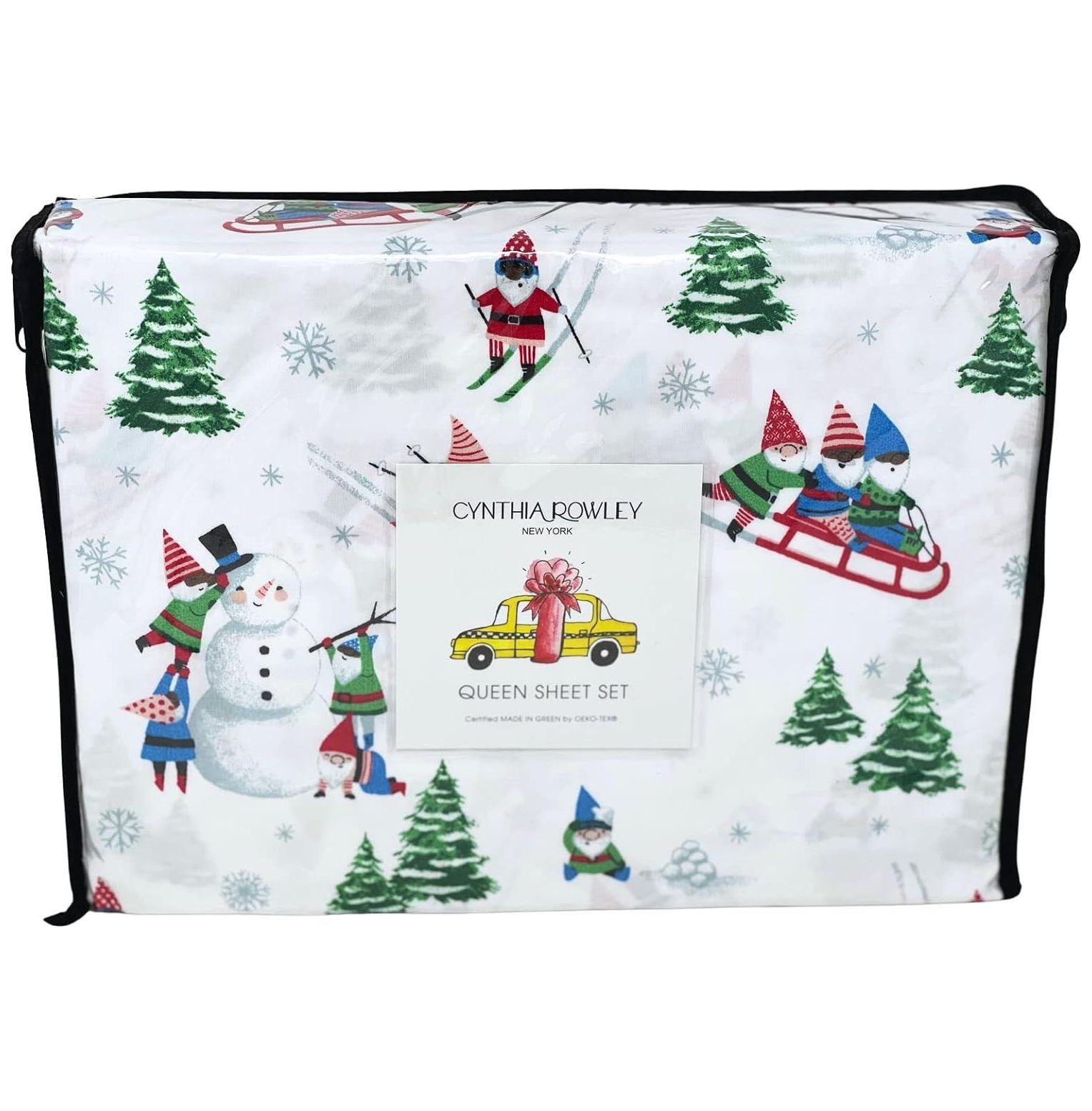 Cynthia Rowley 4 Pice Skiing Christmas Gnomes Festive Elves Trees Snowflakes Easy Care Wrinkle Free Winter Holiday Sheet Set (Queen (U.S. Standard)) - image 1 of 3