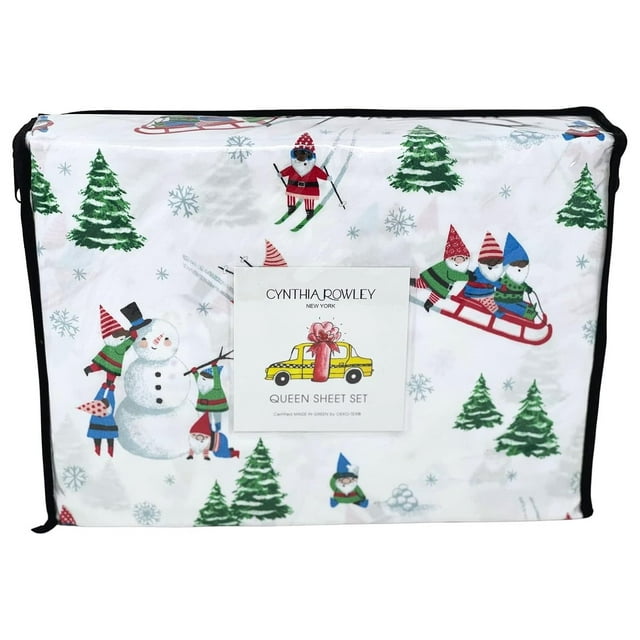 Cynthia Rowley 4 Pice Skiing Christmas Gnomes Festive Elves Trees Snowflakes Easy Care Wrinkle Free Winter Holiday Sheet Set (Queen (U.S. Standard))