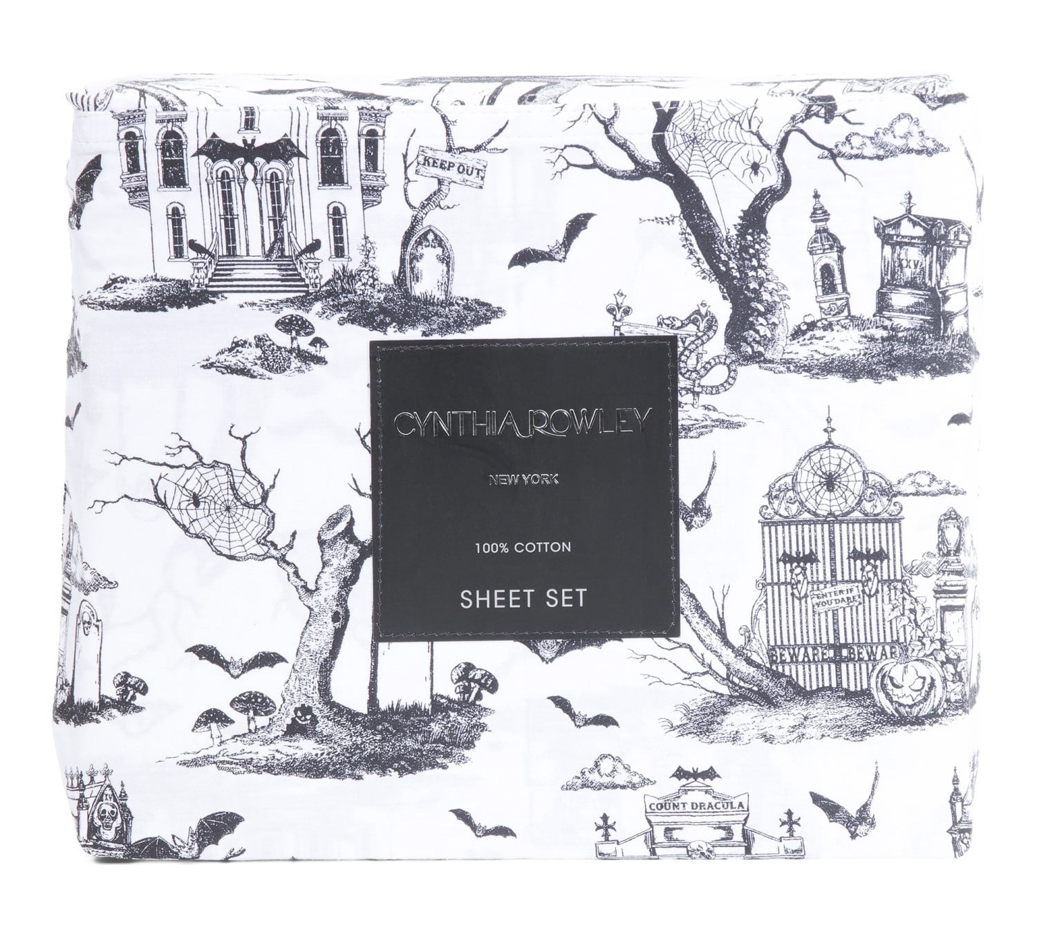 Cynthia Rowley Halloween Cotton Sheet Set, Black & White Haunted Toile, Queen