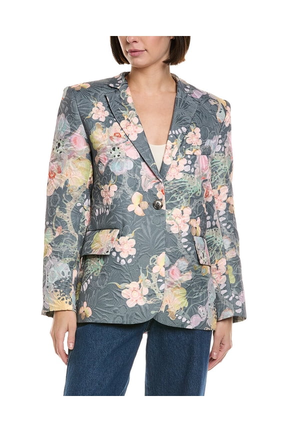 womens  Printed Brocade Oversized Blazer, m, Grey