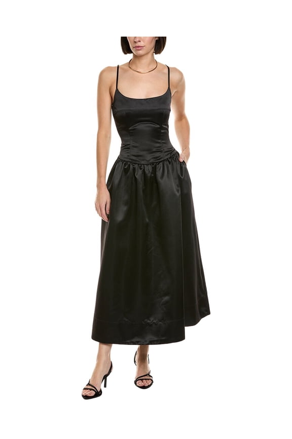 womens Satin Drop Waist Midi Dress, 6, Black