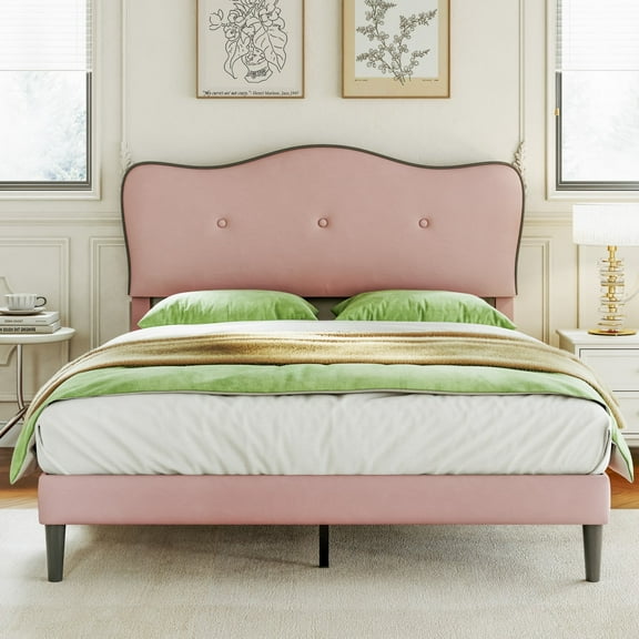 CypBed Furniture Upholstered Platform Bed Frame Solid Wood Slats, No Box Spring Needed, Full Size – Pink