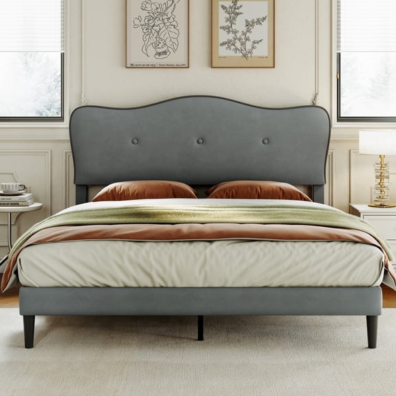 CypBed Furniture Upholstered Platform Bed Frame Solid Wood Slats, No Box Spring Needed, Queen Size – Grey