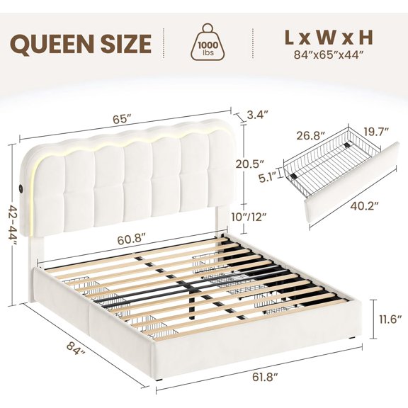 CypBed Modern Size Bed Frame with 4 Storage Drawers & LED, Velvet Upholstered Platform Bed Frame with Charging Station and Adjustable Headboard, Wood Slats Support, No Box Spring Needed, White