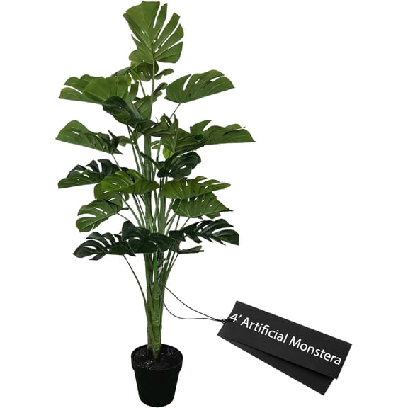 Cypress & Alabaster 4ft Artificial Monstera Plant, Handmade Designer Tree, Hypoallergenic, 4-Foot, Green