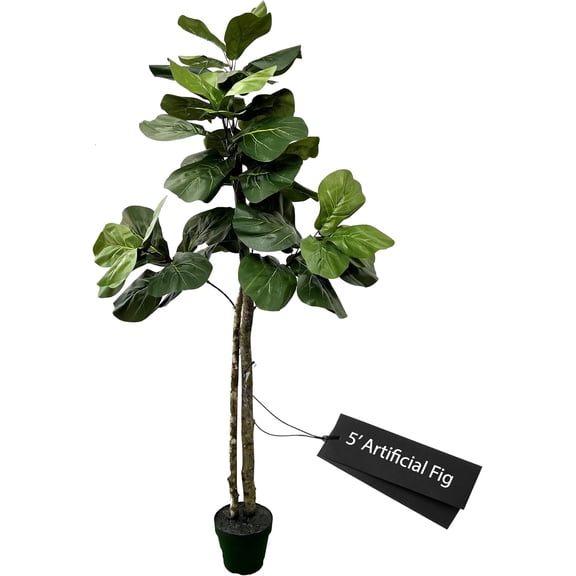 Cypress & Alabaster Handmade 5ft Fiddle Leaf Fig Ficus Lyrata Artificial Tree with Ethically Sourced Real Wood Trunks, Hypoallergenic, 5-Foot, Green